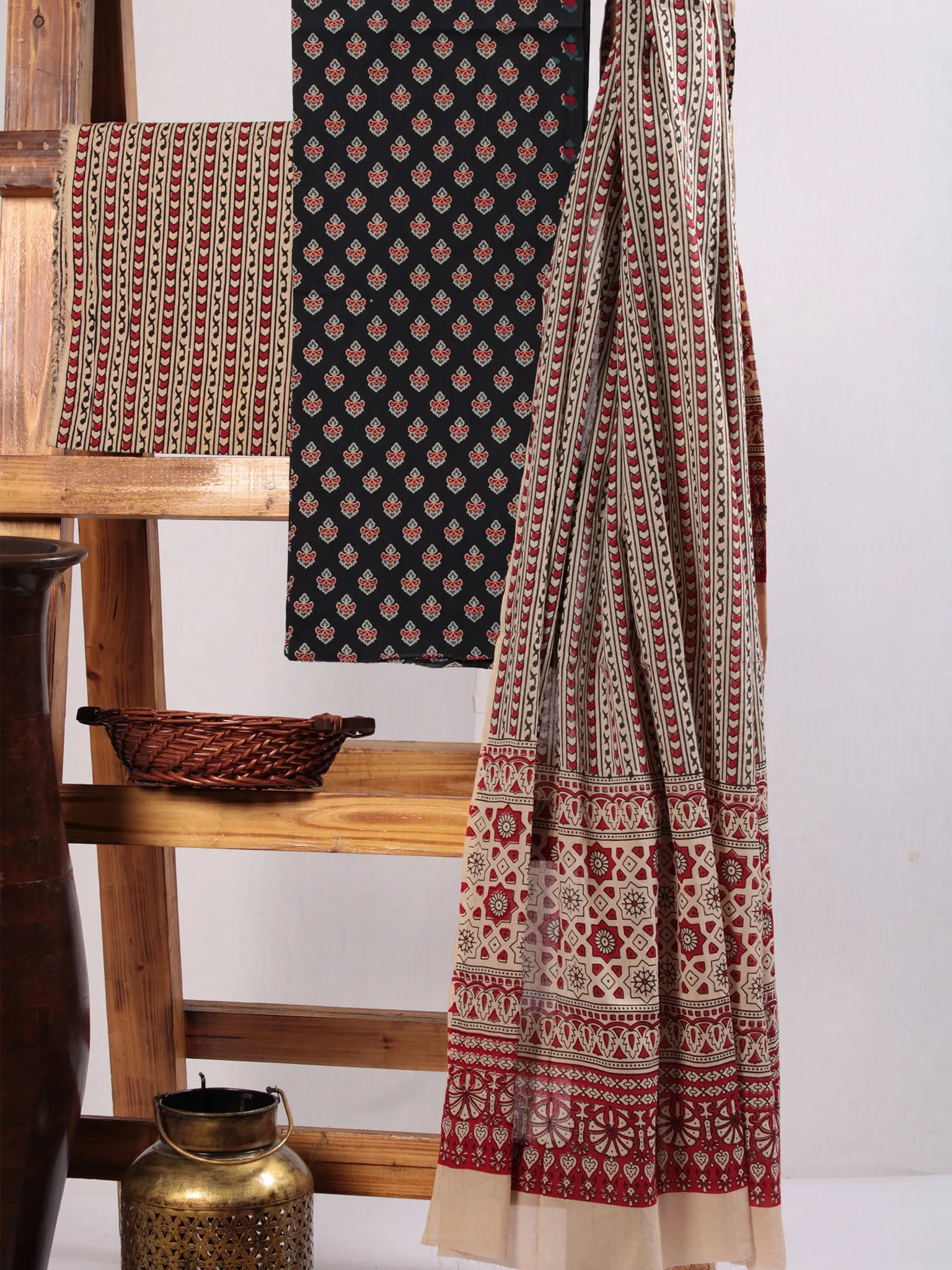 Black Ivory Red Hand Block Printed Suit Set (Set of 3) - SU01HB482