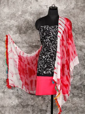 Black Red White Hand Block Printed Cotton Suit-Salwar Fabric With Chiffon Dupatta (Set of 3) - SU01HB331