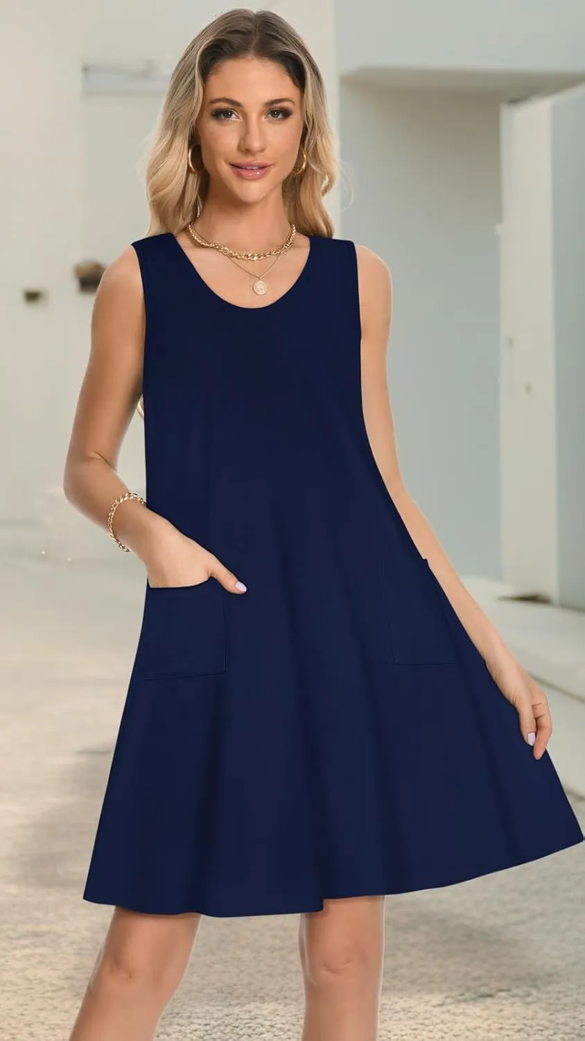 elescat Womens Summer Dresses Casual V Neck Sleeveless Pockets Beach Loose Tank Sundress