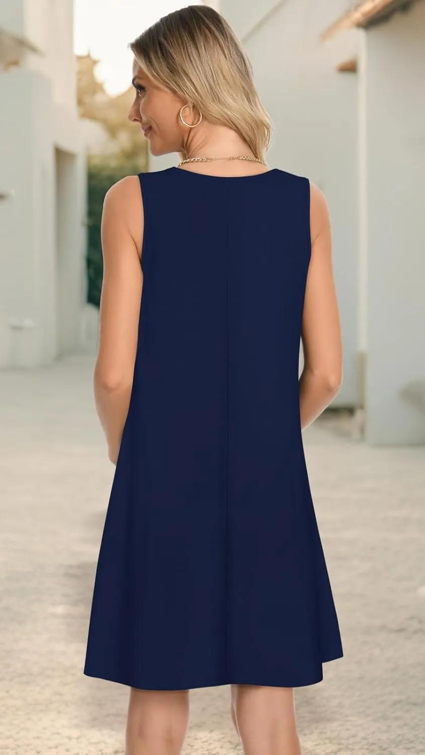 elescat Womens Summer Dresses Casual V Neck Sleeveless Pockets Beach Loose Tank Sundress