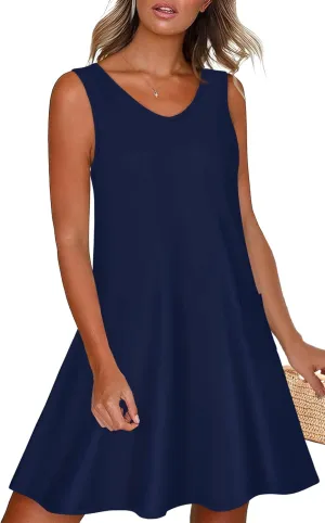 elescat Womens Summer Dresses Casual V Neck Sleeveless Pockets Beach Loose Tank Sundress