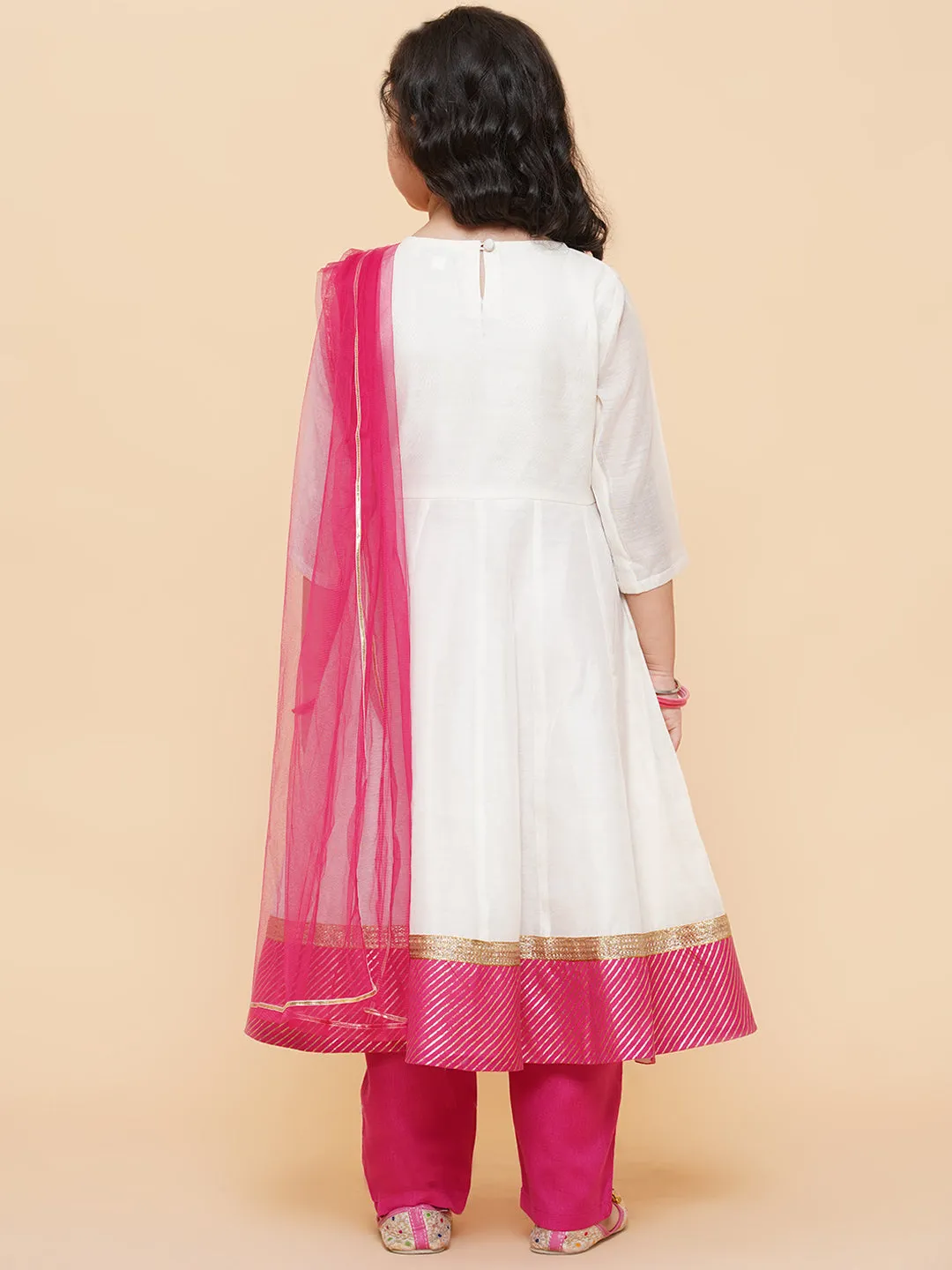 Girl's White Embroidered Anarkali Kurta With Trouser & With Dupatta - Bitiya By Bhama