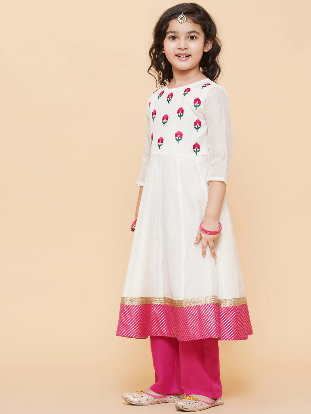 Girl's White Embroidered Anarkali Kurta With Trouser & With Dupatta - Bitiya By Bhama