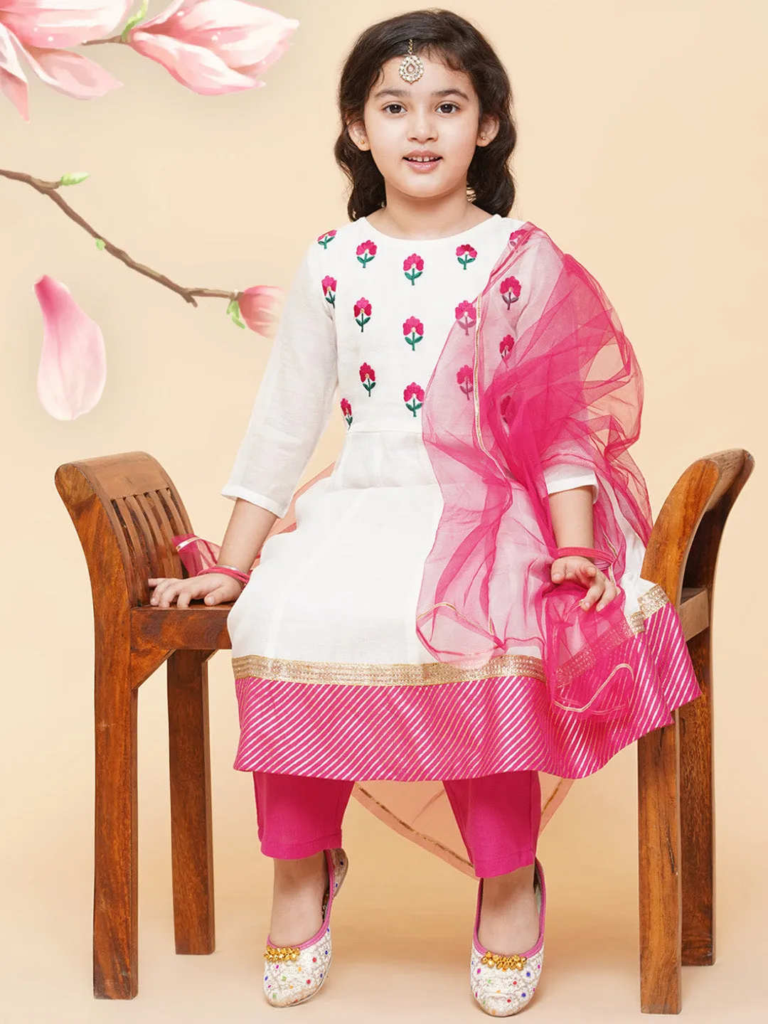 Girl's White Embroidered Anarkali Kurta With Trouser & With Dupatta - Bitiya By Bhama
