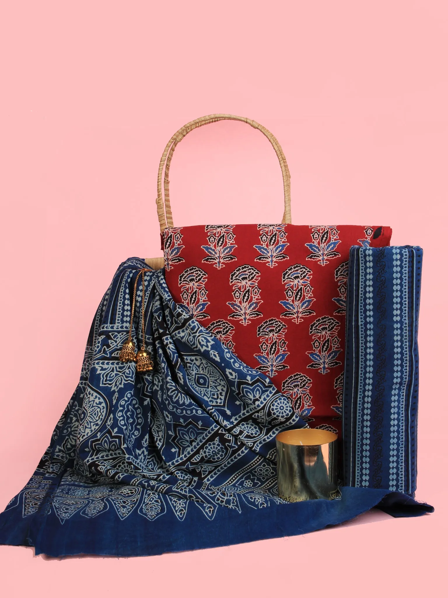 Indigo Red Ivory Hand Block Printed Suit Set (Set of 3) - SU01HB468