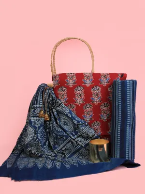 Indigo Red Ivory Hand Block Printed Suit Set (Set of 3) - SU01HB468