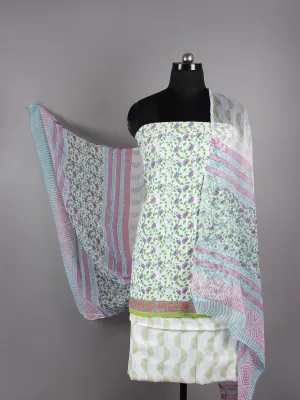 Ivory Green Pink Purple Hand Block Printed Cotton Suit-Salwar Fabric With Chiffon Dupatta - S16281233