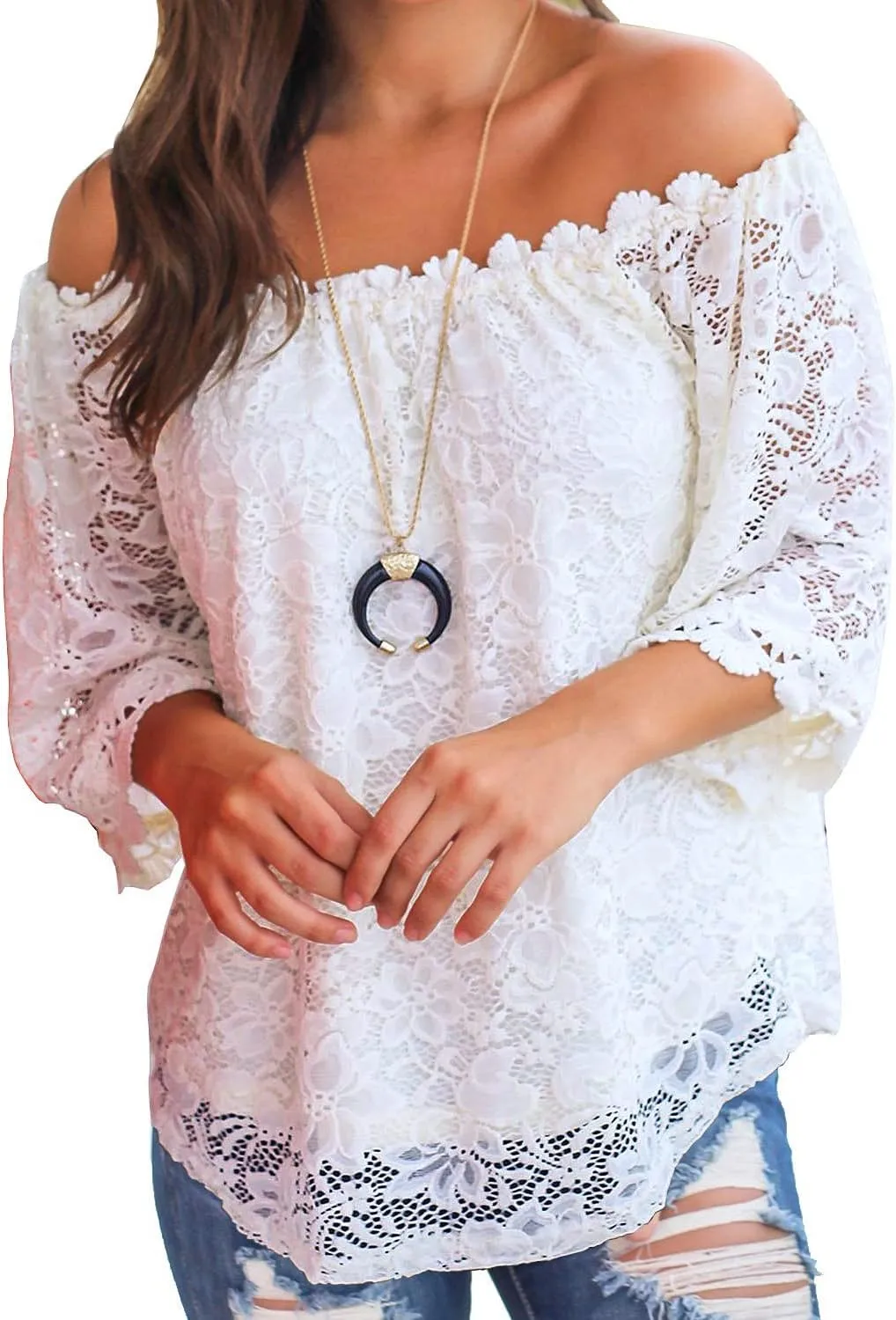 MIHOLL Women's Lace Off Shoulder Tops Casual Loose Blouse Shirts