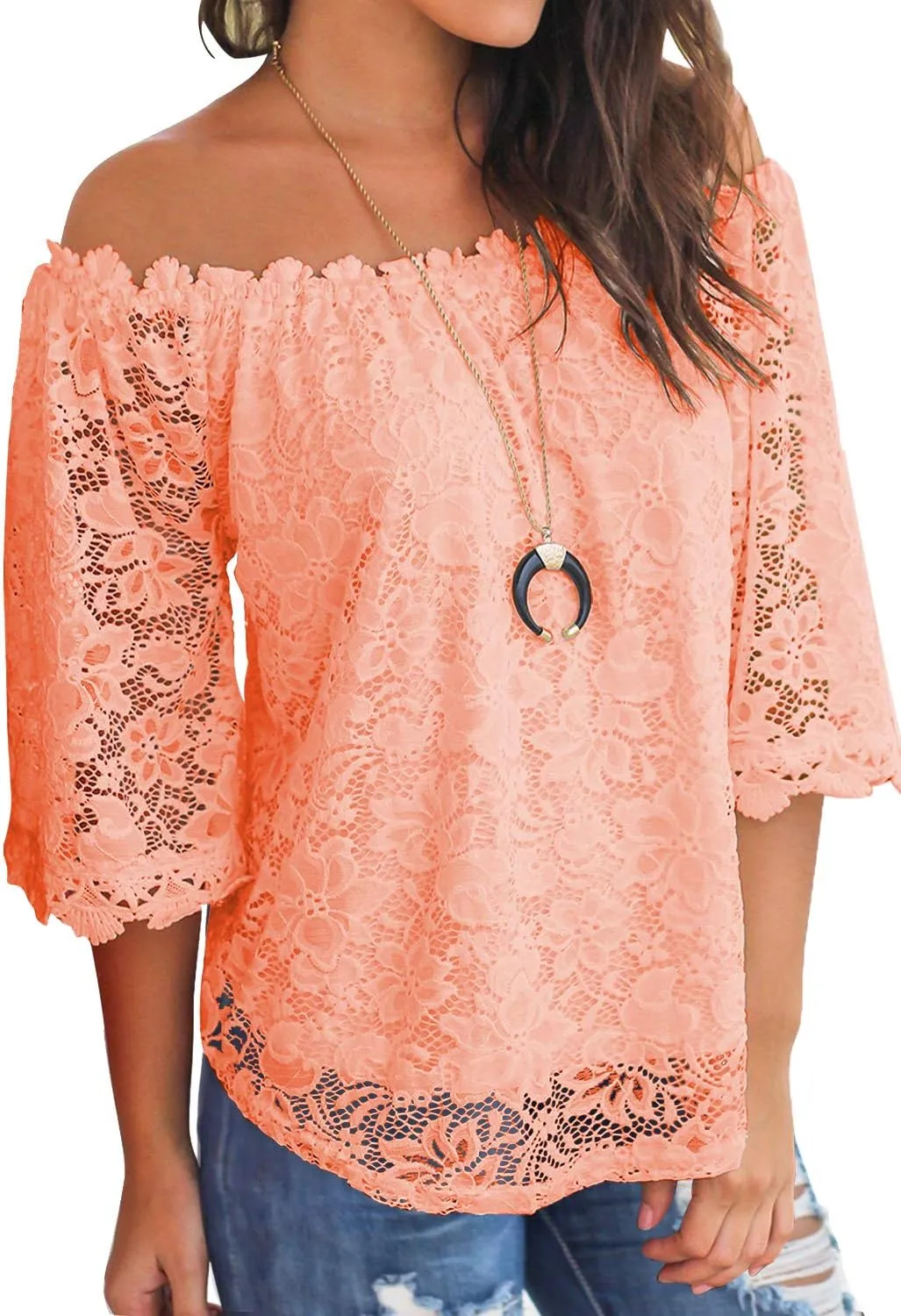MIHOLL Women's Lace Off Shoulder Tops Casual Loose Blouse Shirts