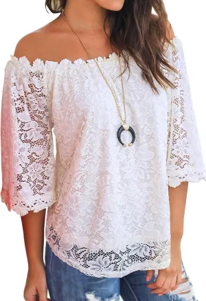 MIHOLL Women's Lace Off Shoulder Tops Casual Loose Blouse Shirts
