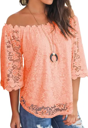 MIHOLL Women's Lace Off Shoulder Tops Casual Loose Blouse Shirts