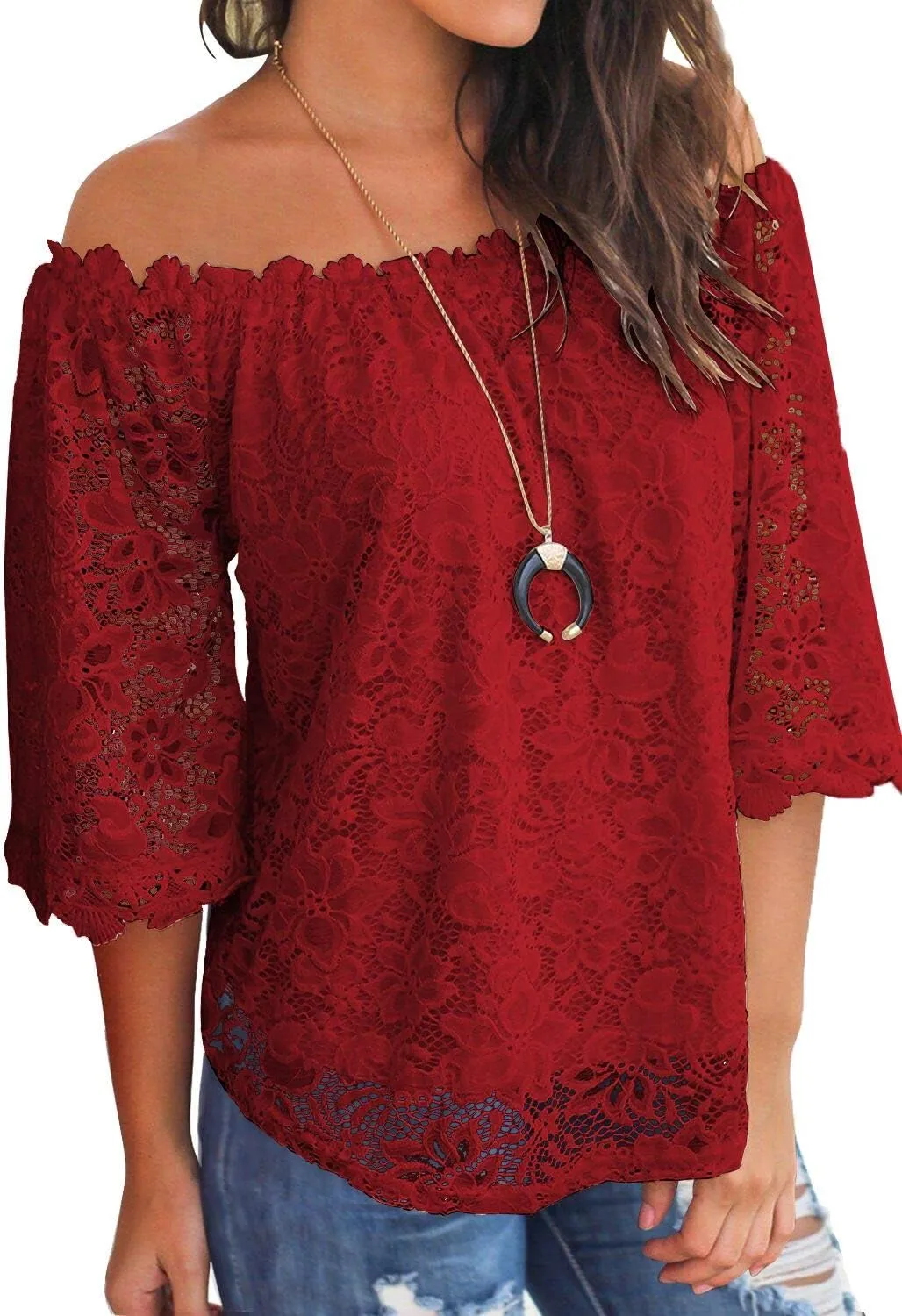MIHOLL Women's Lace Off Shoulder Tops Casual Loose Blouse Shirts