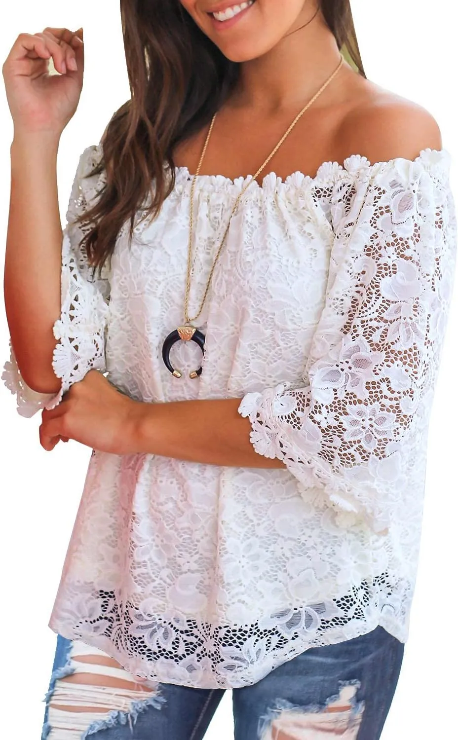 MIHOLL Women's Lace Off Shoulder Tops Casual Loose Blouse Shirts
