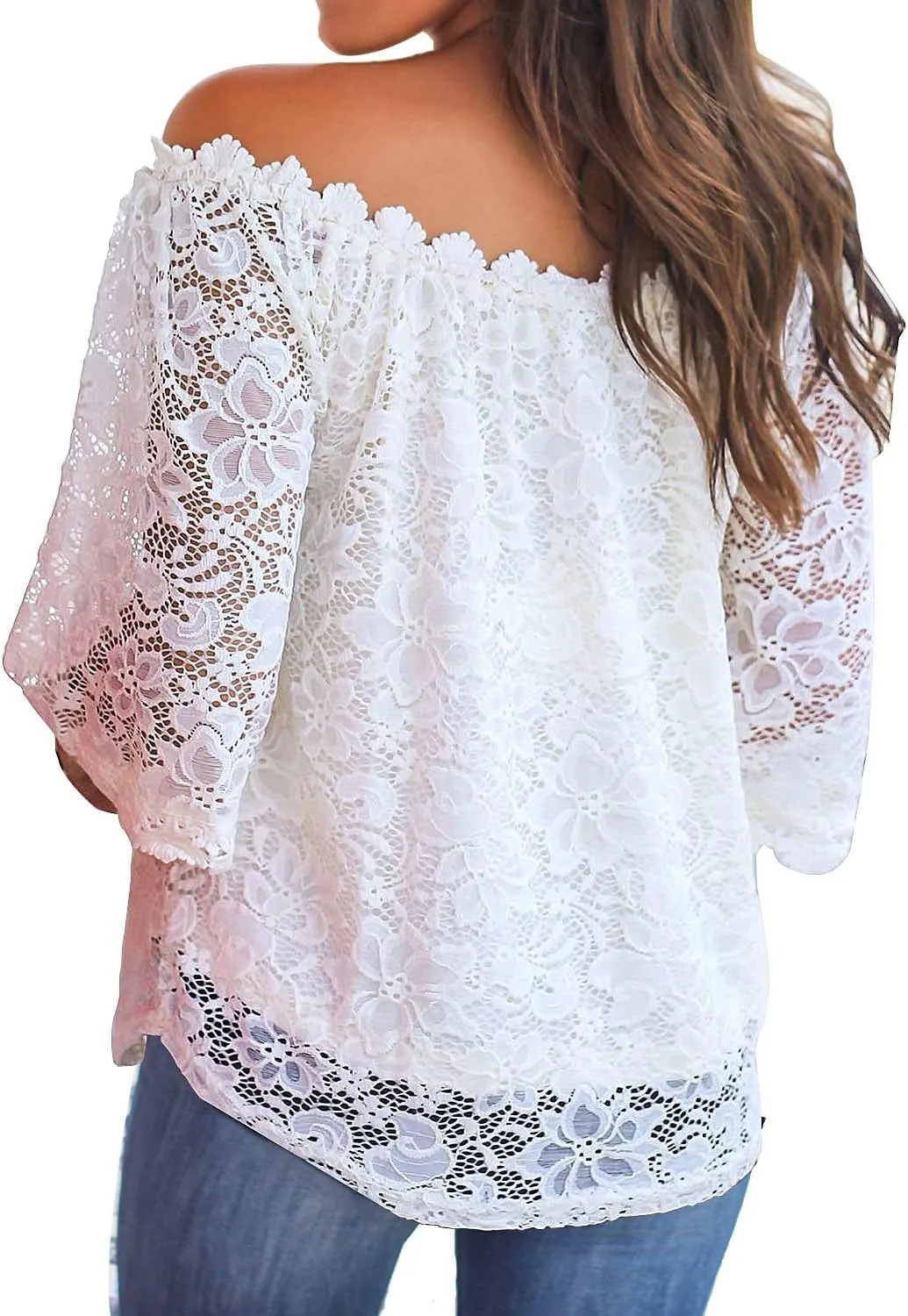 MIHOLL Women's Lace Off Shoulder Tops Casual Loose Blouse Shirts
