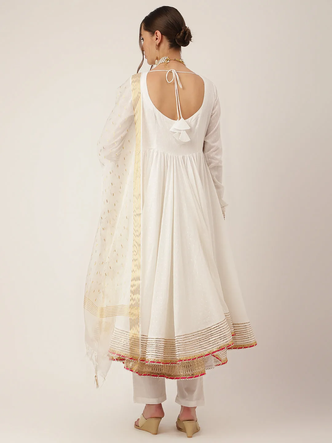 Off White Shree Ram Buta Print Cotton Layered Anarkali Kurta, Trouser With Dupatta