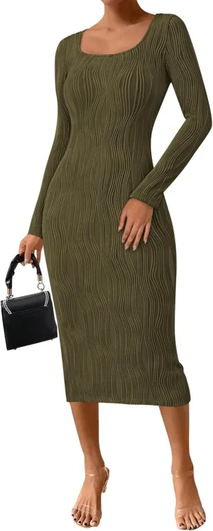 PRETTYGARDEN Womens Spring Dresses 2025 Long Sleeve Square Neck Knit Midi Beach Vacation Clothes Slit Bodycon Dress