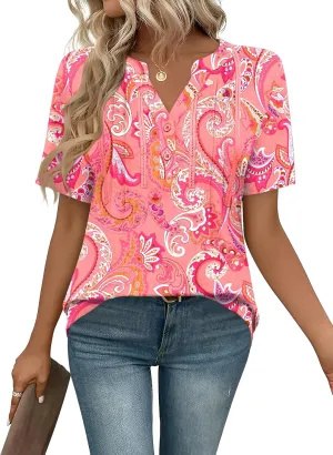 Rapbin Short Sleeve Shirts for Women Pleated V Neck Lace Blouses Dressy Casual Elegant Tops Loose peasant Summer T-Shirts