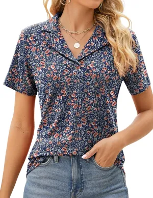 Rapbin Women's Polo Shirts Lapel Collar V Neck Short Sleeve Blouse Dressy Casual Tunic Tops
