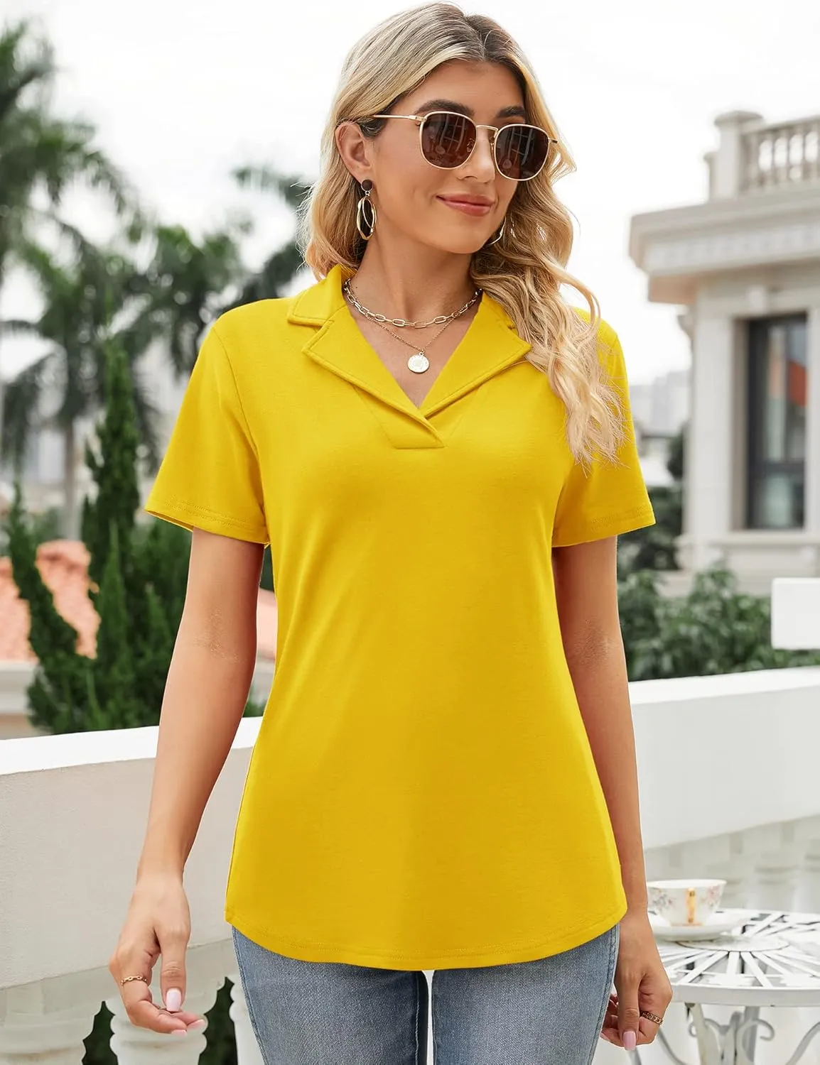 Rapbin Women's Polo Shirts Lapel Collar V Neck Short Sleeve Blouse Dressy Casual Tunic Tops