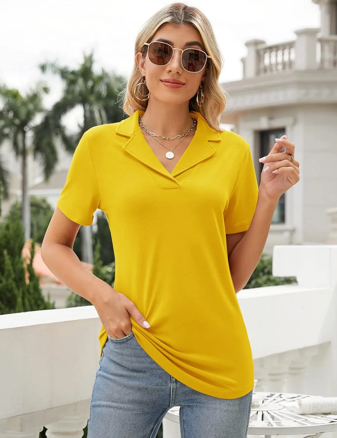 Rapbin Women's Polo Shirts Lapel Collar V Neck Short Sleeve Blouse Dressy Casual Tunic Tops
