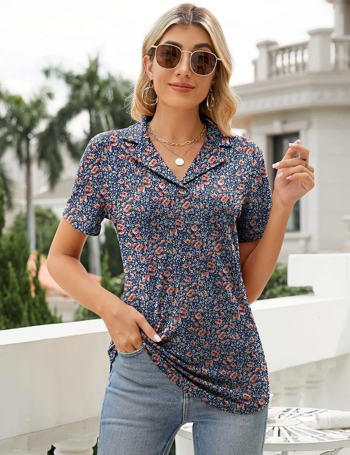 Rapbin Women's Polo Shirts Lapel Collar V Neck Short Sleeve Blouse Dressy Casual Tunic Tops