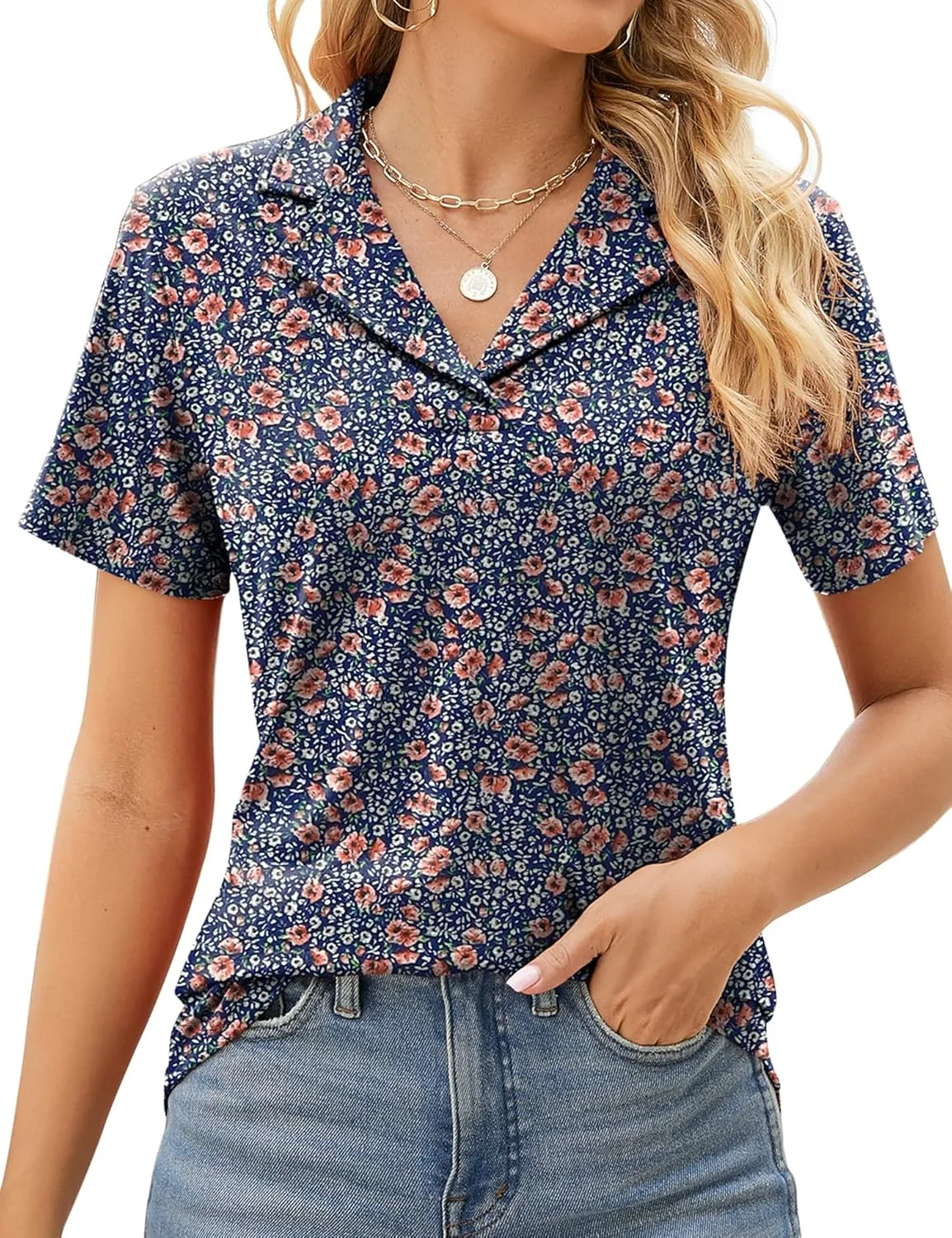Rapbin Women's Polo Shirts Lapel Collar V Neck Short Sleeve Blouse Dressy Casual Tunic Tops