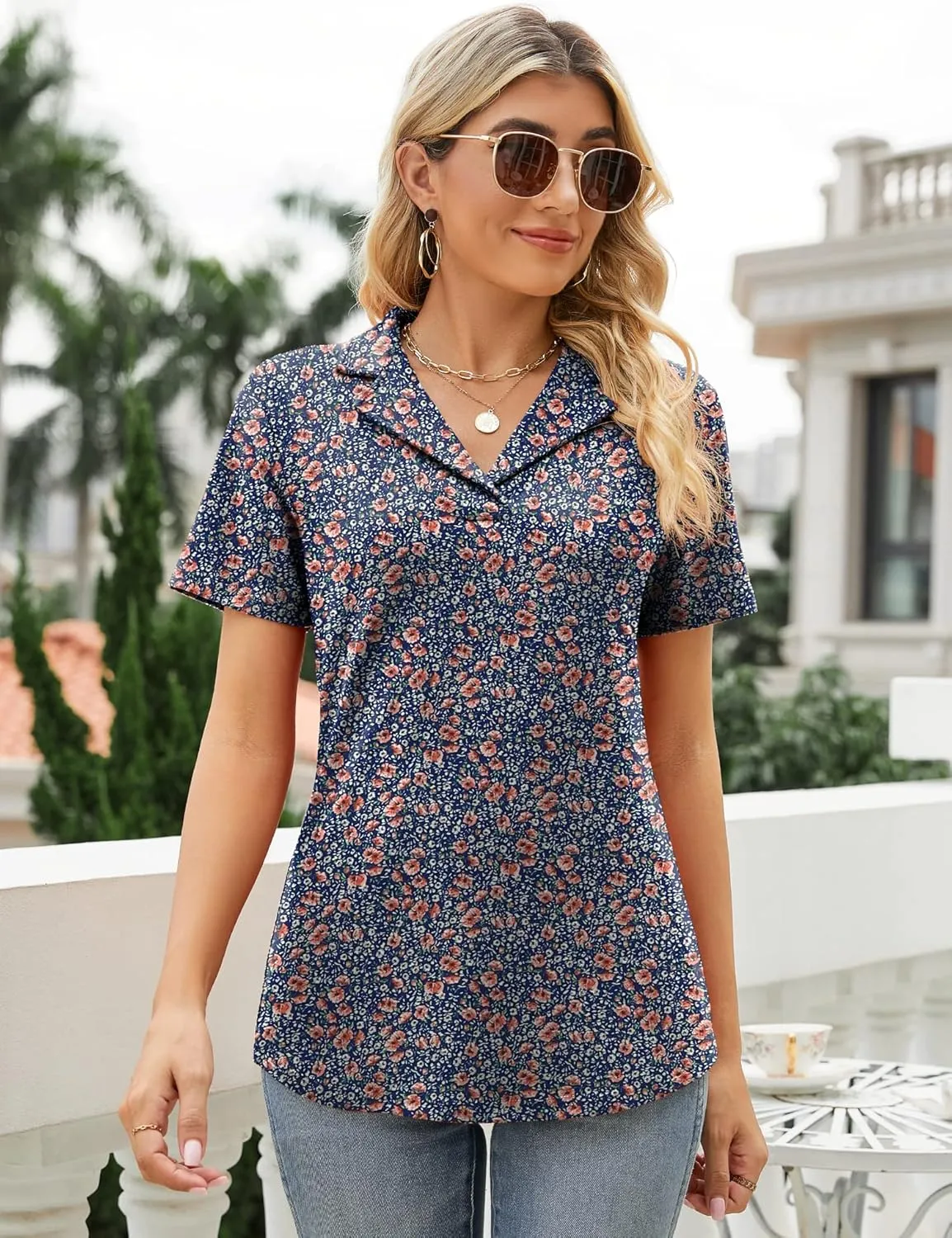 Rapbin Women's Polo Shirts Lapel Collar V Neck Short Sleeve Blouse Dressy Casual Tunic Tops