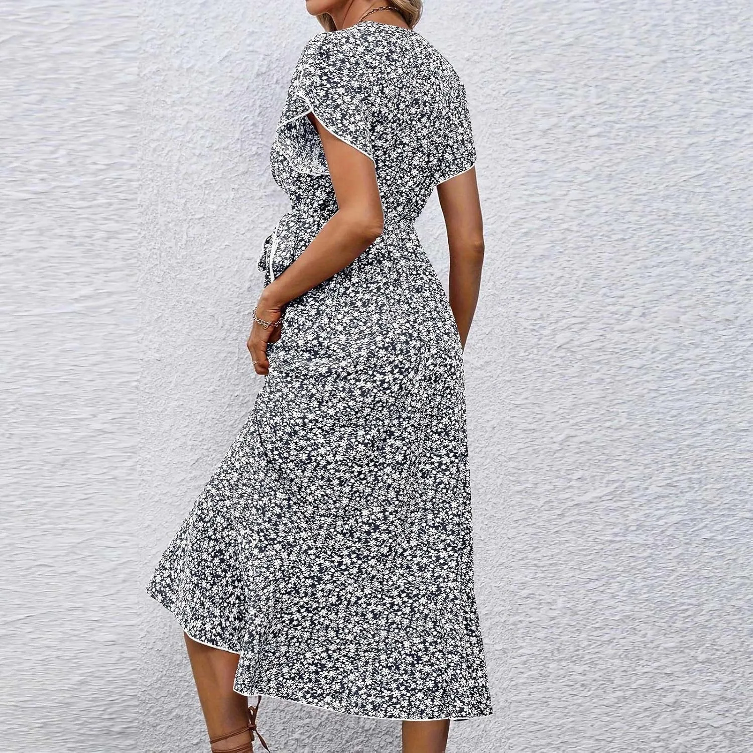 Summer Floral Dresses for Women 2025 Midi Wrap Dress V Neck Flutter Short Sleeve Tie Waist Ruffle Hem Beach Dresses