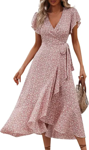 Summer Floral Dresses for Women 2025 Midi Wrap Dress V Neck Flutter Short Sleeve Tie Waist Ruffle Hem Beach Dresses