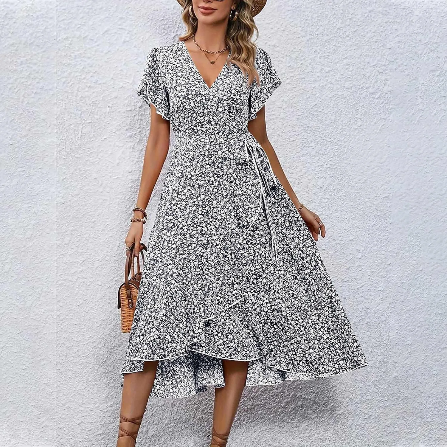 Summer Floral Dresses for Women 2025 Midi Wrap Dress V Neck Flutter Short Sleeve Tie Waist Ruffle Hem Beach Dresses