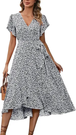 Summer Floral Dresses for Women 2025 Midi Wrap Dress V Neck Flutter Short Sleeve Tie Waist Ruffle Hem Beach Dresses