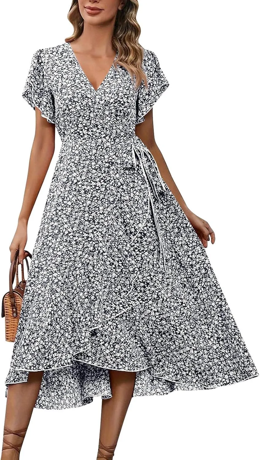 Summer Floral Dresses for Women 2025 Midi Wrap Dress V Neck Flutter Short Sleeve Tie Waist Ruffle Hem Beach Dresses