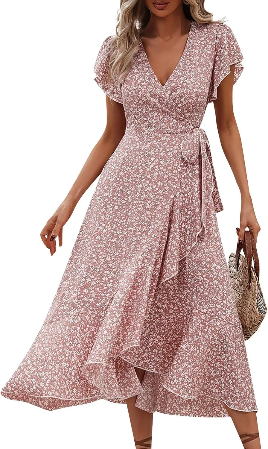 Summer Floral Dresses for Women 2025 Midi Wrap Dress V Neck Flutter Short Sleeve Tie Waist Ruffle Hem Beach Dresses