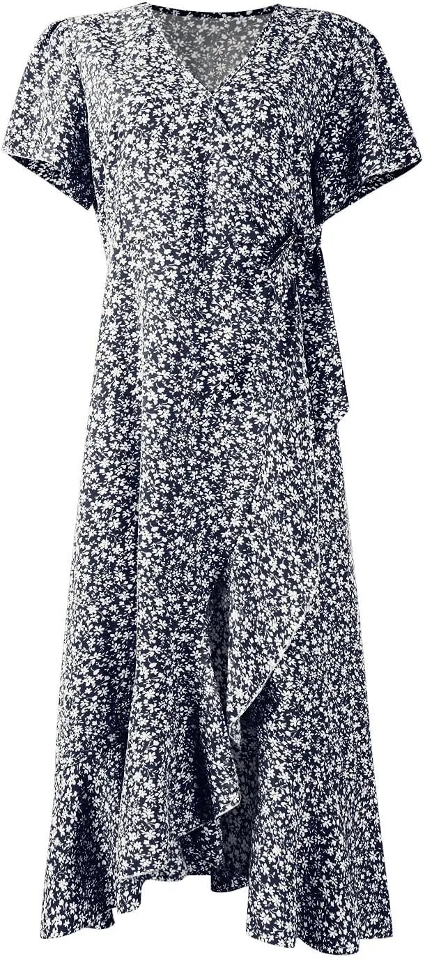 Summer Floral Dresses for Women 2025 Midi Wrap Dress V Neck Flutter Short Sleeve Tie Waist Ruffle Hem Beach Dresses