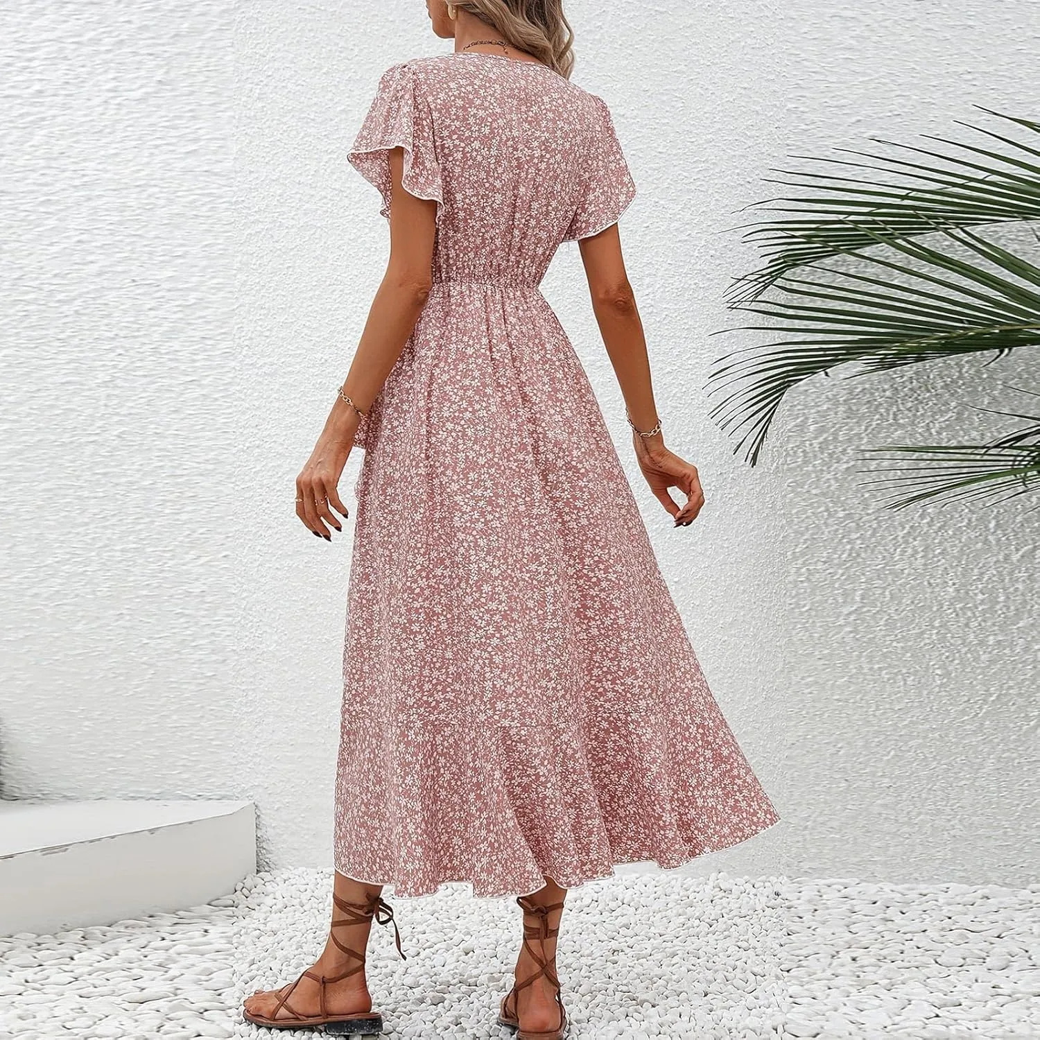 Summer Floral Dresses for Women 2025 Midi Wrap Dress V Neck Flutter Short Sleeve Tie Waist Ruffle Hem Beach Dresses