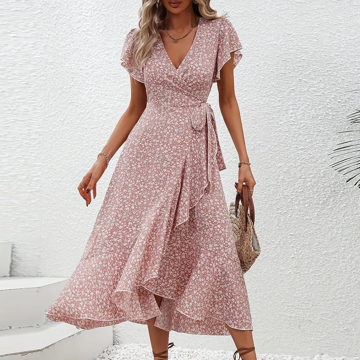 Summer Floral Dresses for Women 2025 Midi Wrap Dress V Neck Flutter Short Sleeve Tie Waist Ruffle Hem Beach Dresses