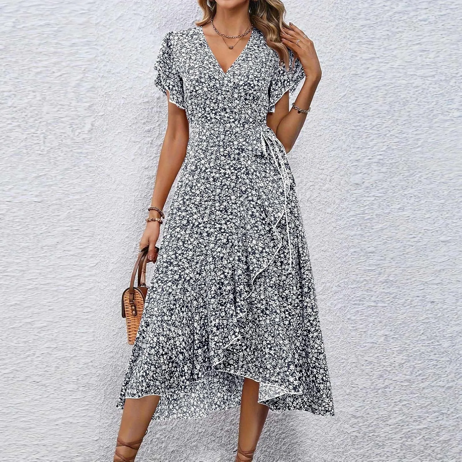 Summer Floral Dresses for Women 2025 Midi Wrap Dress V Neck Flutter Short Sleeve Tie Waist Ruffle Hem Beach Dresses