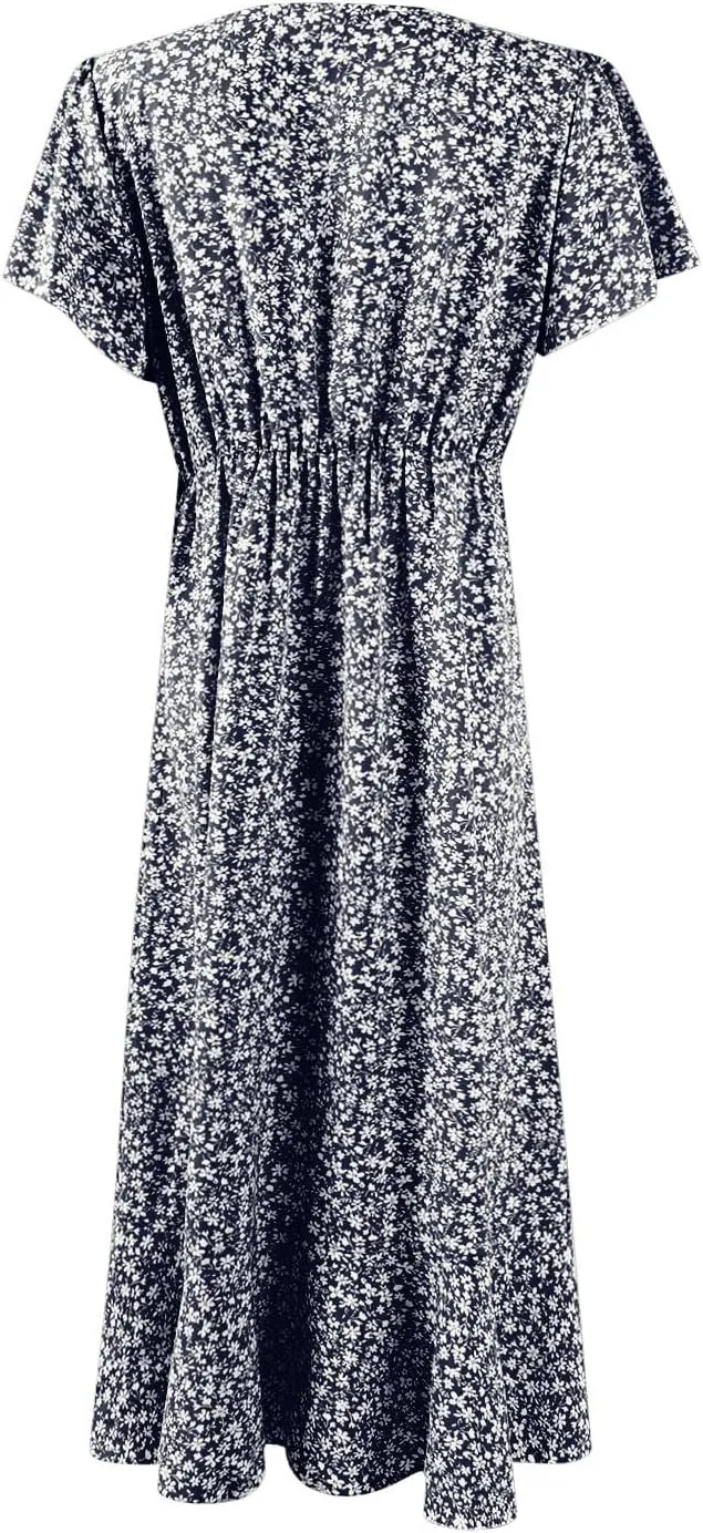 Summer Floral Dresses for Women 2025 Midi Wrap Dress V Neck Flutter Short Sleeve Tie Waist Ruffle Hem Beach Dresses