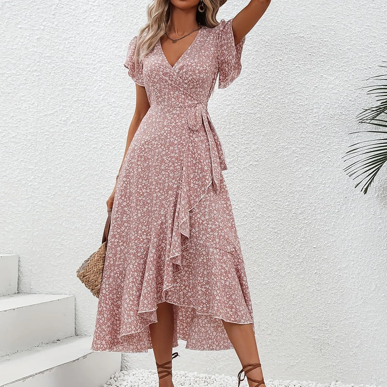 Summer Floral Dresses for Women 2025 Midi Wrap Dress V Neck Flutter Short Sleeve Tie Waist Ruffle Hem Beach Dresses