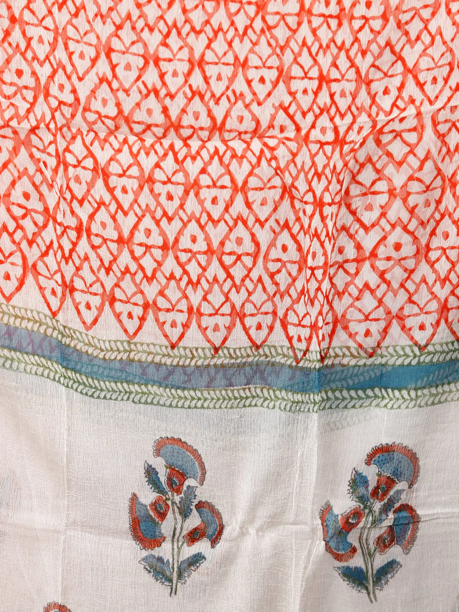 White Coral Teal Blue Hand Block Printed Cotton Suit-Salwar Fabric With Chiffon Dupatta (Set of 3) - SU01HB352
