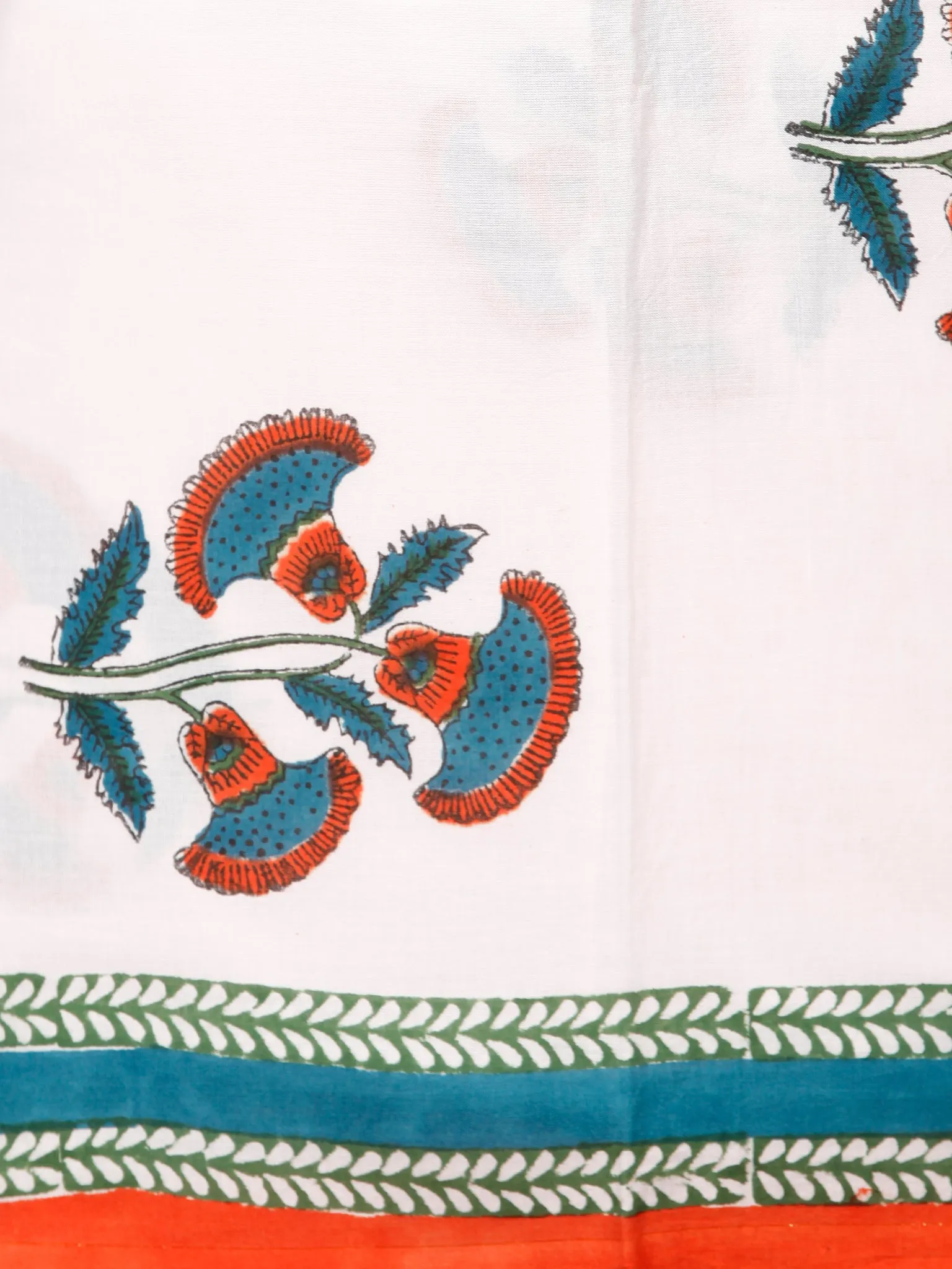 White Coral Teal Blue Hand Block Printed Cotton Suit-Salwar Fabric With Chiffon Dupatta (Set of 3) - SU01HB352