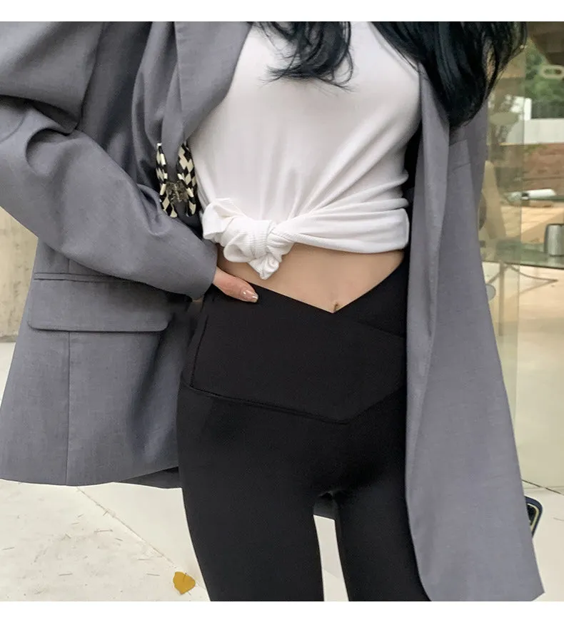 Wjczt Women Fall Cross Waist Sharkskin Leggings Butt Lift Fitness Tight-Fitting Sexy Leggings V-Shaped High Waist Shark Pants