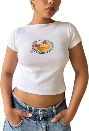 Women's Short Sleeve Y2K Baby Tees E-Girls Cute Graphic Print Crop Tops Slim Fit T Shirts Retro Vintage Aesthetic