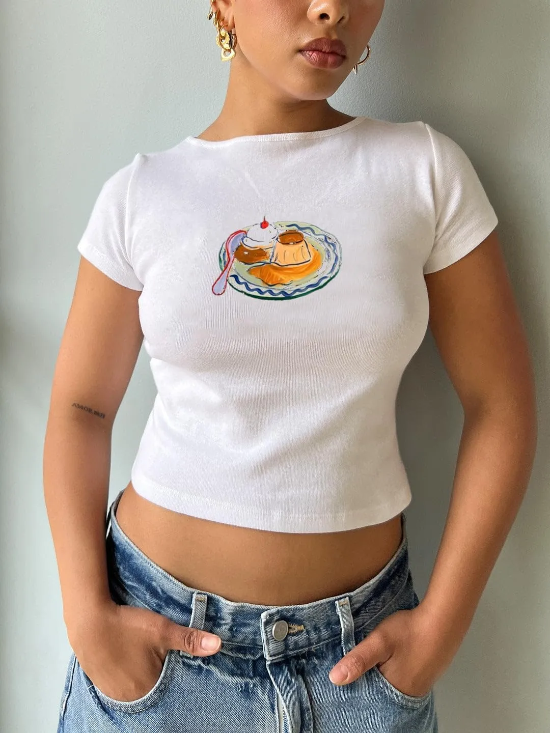 Women's Short Sleeve Y2K Baby Tees E-Girls Cute Graphic Print Crop Tops Slim Fit T Shirts Retro Vintage Aesthetic