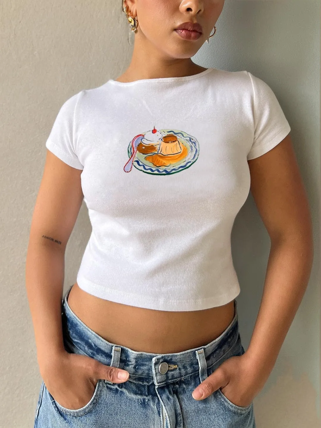 Women's Short Sleeve Y2K Baby Tees E-Girls Cute Graphic Print Crop Tops Slim Fit T Shirts Retro Vintage Aesthetic