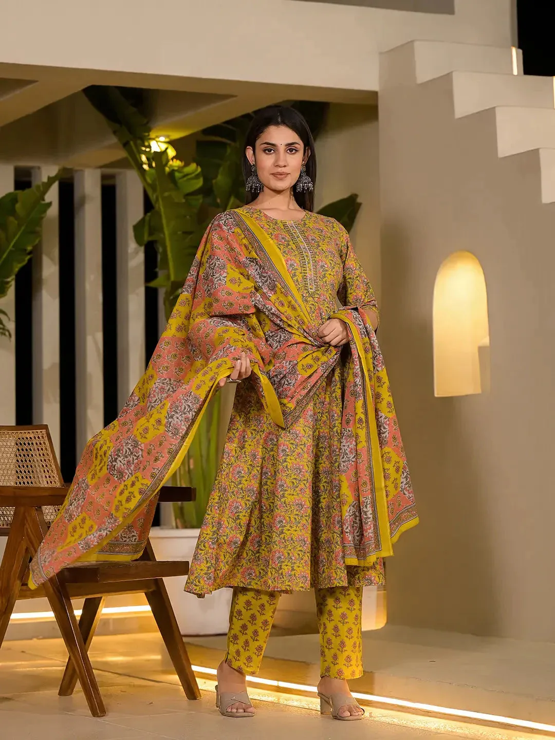 Yellow Thread Work Cotton Anarkali Style Kurta And Trousers With Dupatta Set